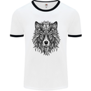 Mandala Tribal Wolf Tattoo Mens White Ringer T-Shirt White/Black