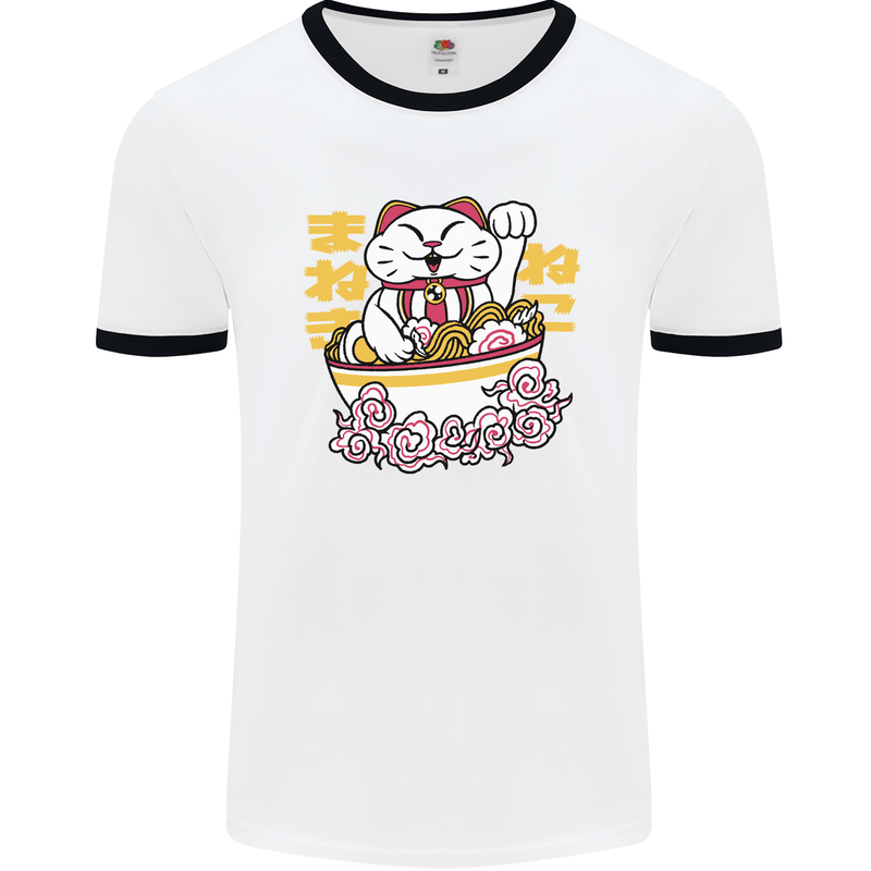 Ramen Lucky Cat Mens White Ringer T-Shirt White/Black