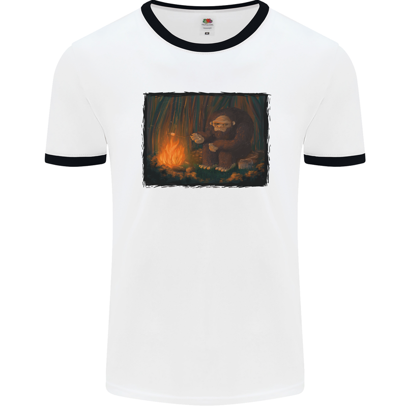 Bigfoot Camping and Cooking Marshmallows Mens White Ringer T-Shirt White/Black