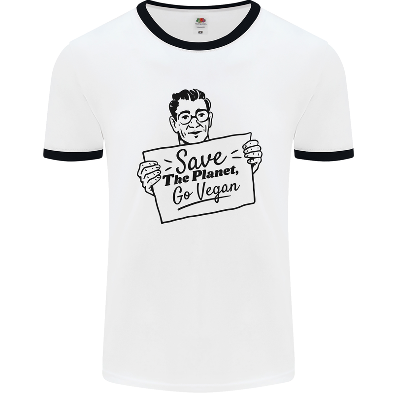 Save the Planet Go Vegan Global Warming Mens White Ringer T-Shirt White/Black