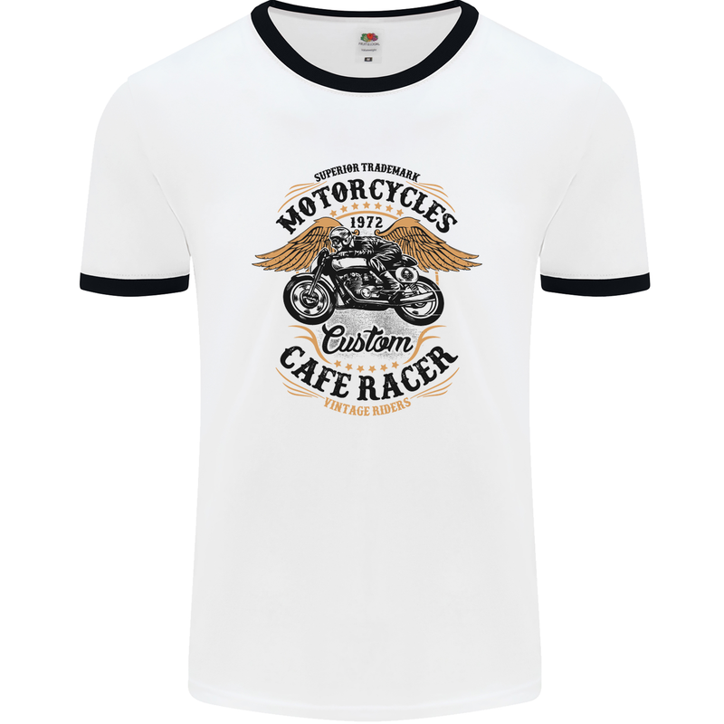 Biker Custom Cafe Racer Motorbike Mens White Ringer T-Shirt White/Black