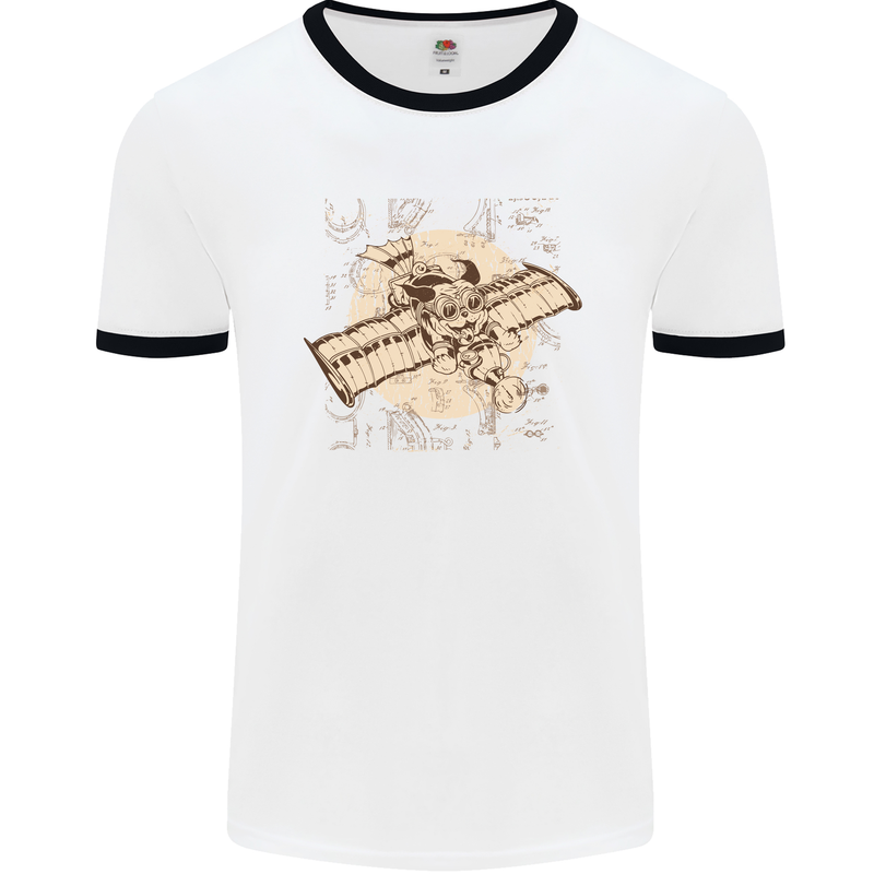 Flying Steampunk Dog Mens White Ringer T-Shirt White/Black