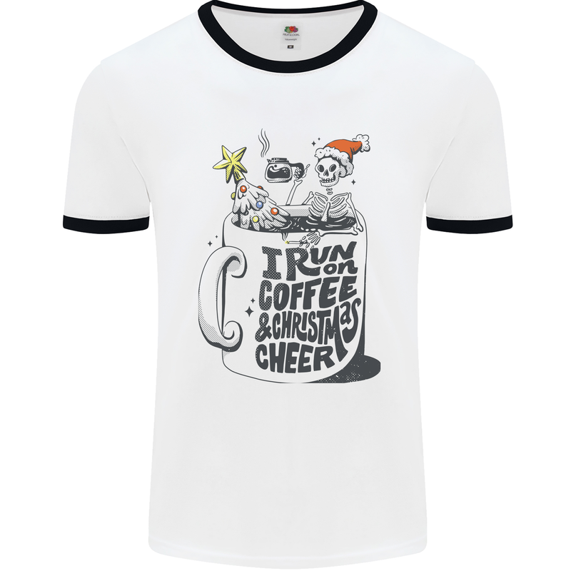 I Run On Coffee and Christmas Cheer Skull Mens White Ringer T-Shirt White/Black