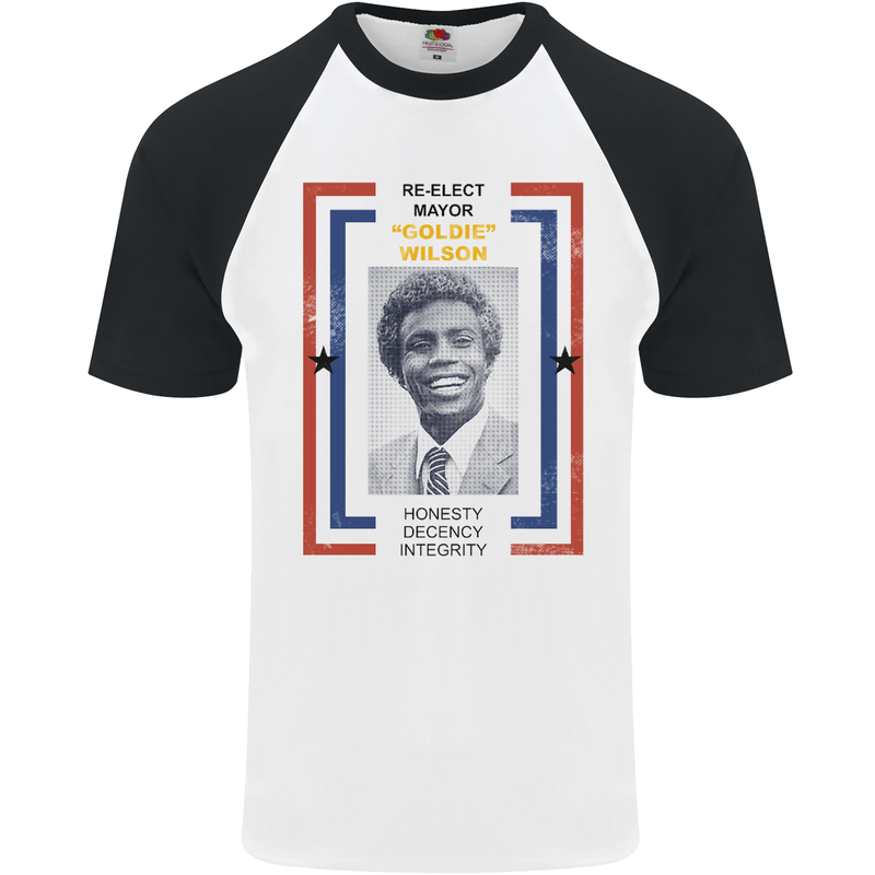 Re-Elect Mayor Goldie Wilson 80's Movie Mens S/S Baseball T-Shirt White/Black