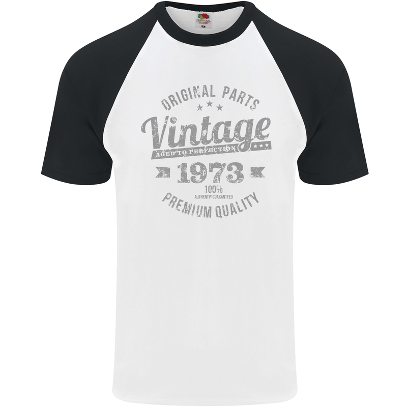 Vintage Year 50th Birthday 1973 Mens S/S Baseball T-Shirt White/Black