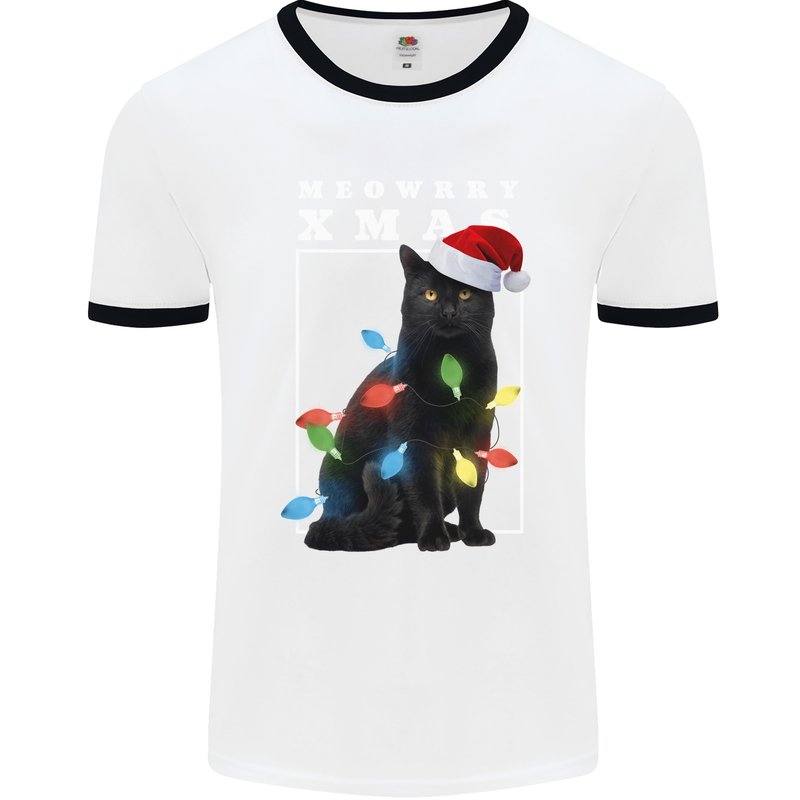 Meowy Christmas Tree Funny Cat Xmas Mens White Ringer T-Shirt White/Black