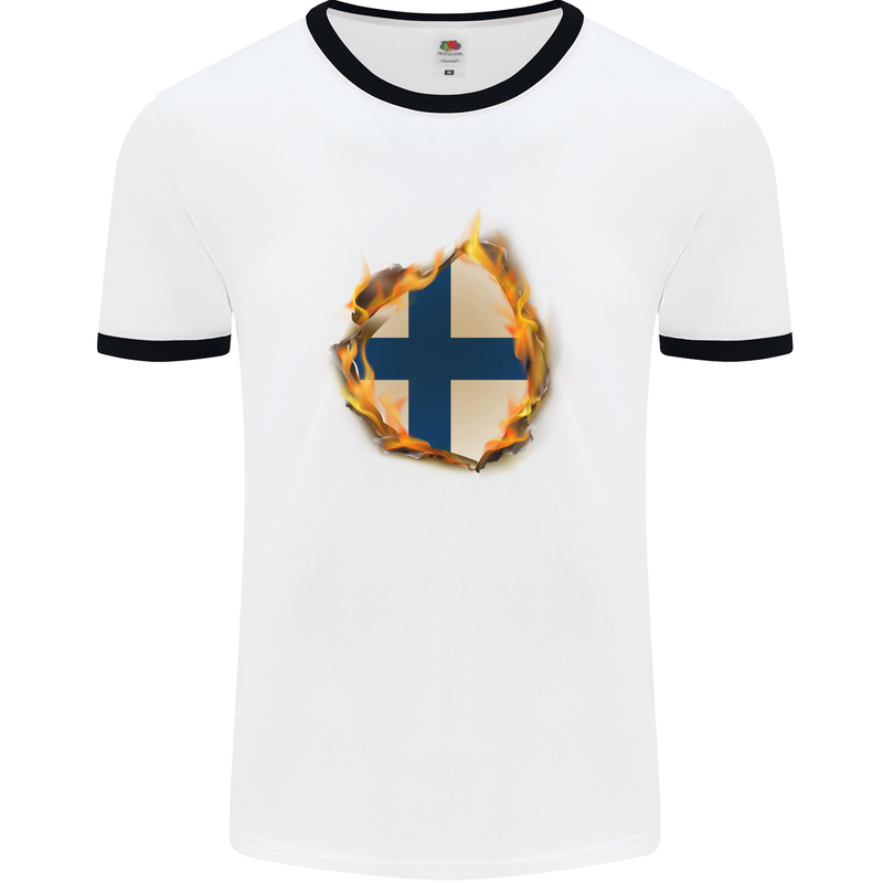 The Finnish Flag Fire Effect Finland Mens White Ringer T-Shirt White/Black