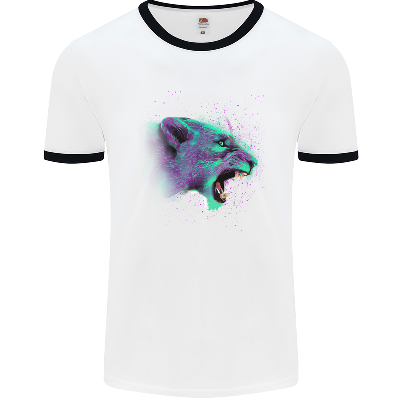 A Watercolour Lion Mens White Ringer T-Shirt White/Black