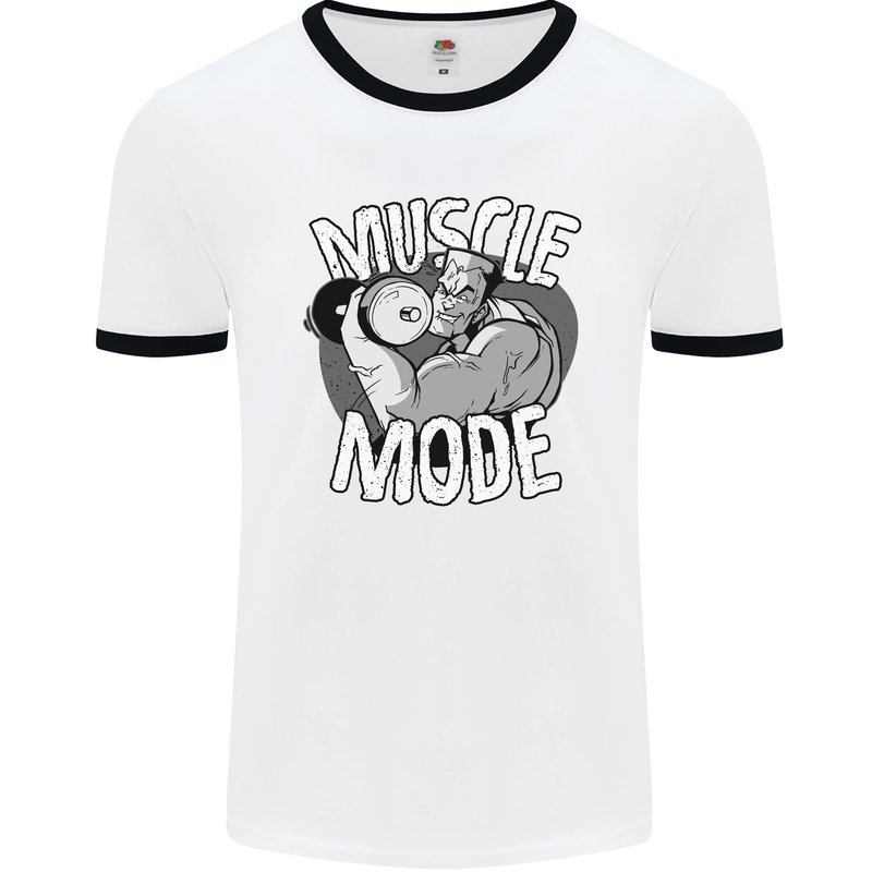 Gym Muscle Mode Bodybuilding Weightlifting Mens White Ringer T-Shirt White/Black