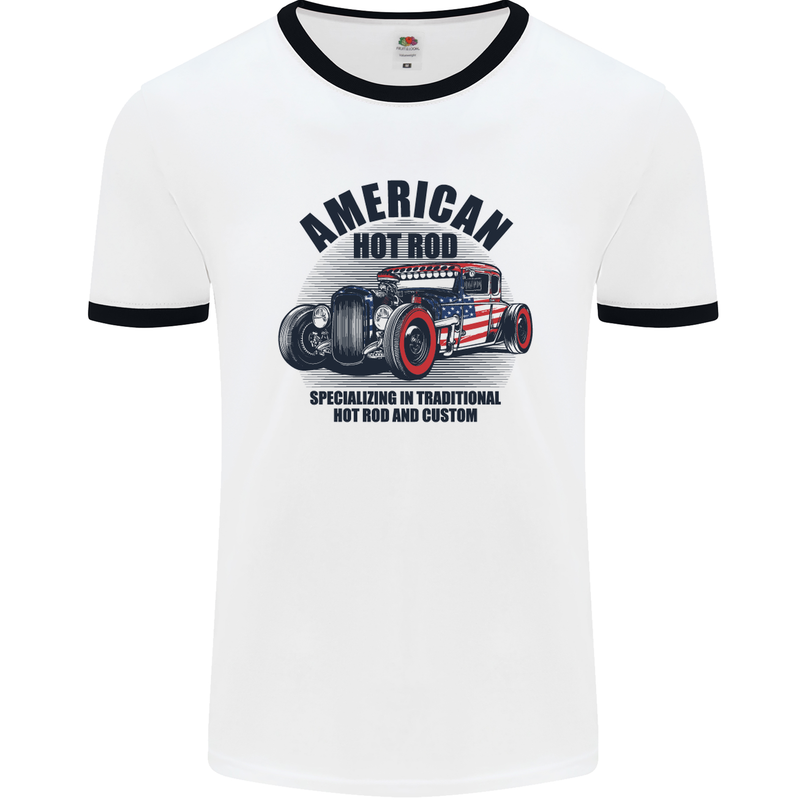 American Hot Rod Hotrod Enthusiast Car Mens White Ringer T-Shirt White/Black