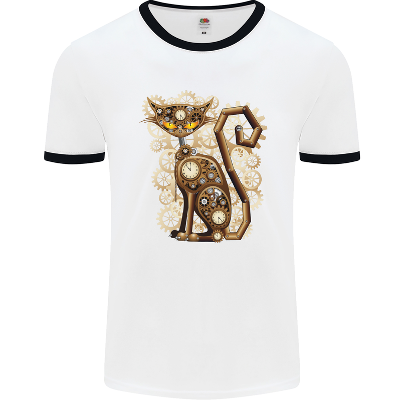 Steampunk Cat Mens White Ringer T-Shirt White/Black