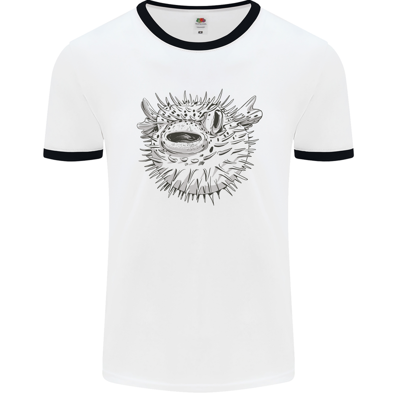 A Pufferfish Puffer Illustration Mens White Ringer T-Shirt White/Black