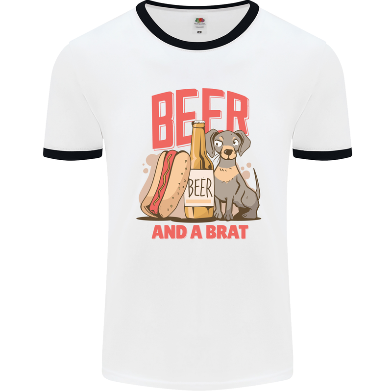 Beer and a Brat Funny Dog Alcohol Hotdog Mens White Ringer T-Shirt White/Black