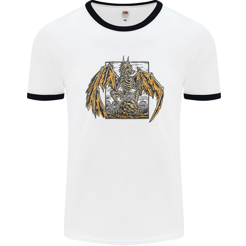 Devil Dragon Skeleton Fantasy Skull Demon Mens White Ringer T-Shirt White/Black