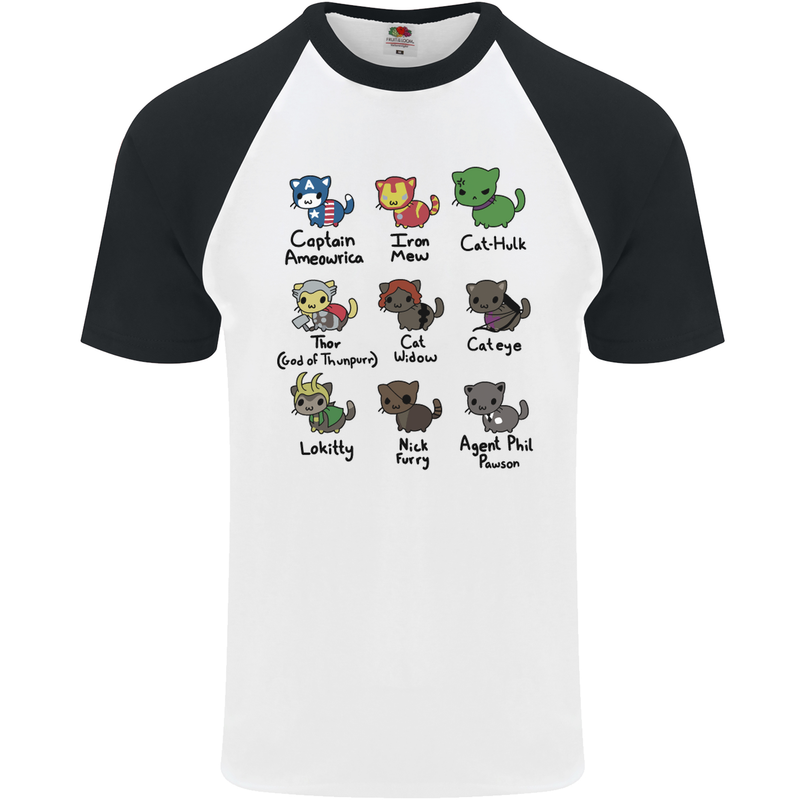 Funny Cat Superheroes Mens S/S Baseball T-Shirt White/Black