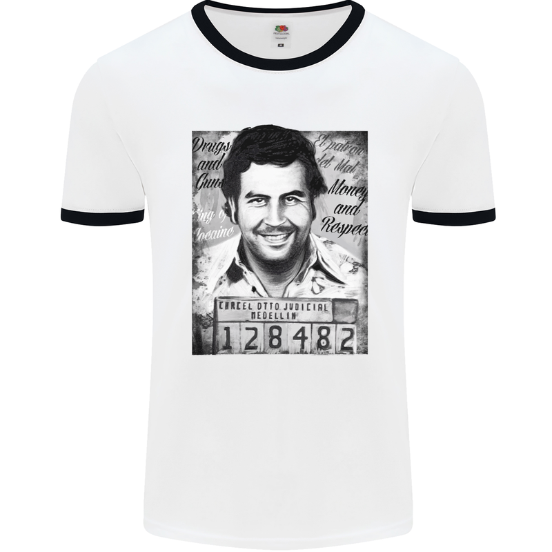 Pablo Escobar Mug Shot Mens White Ringer T-Shirt White/Black
