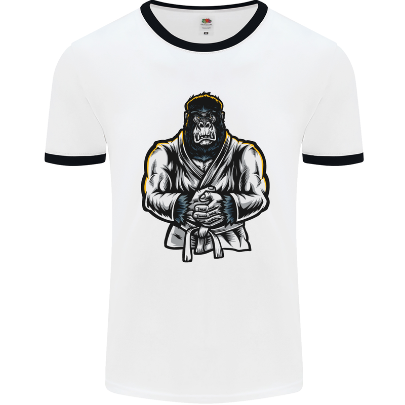 Jiu Jitsu Gorilla MMA Martial Arts Karate Mens White Ringer T-Shirt White/Black