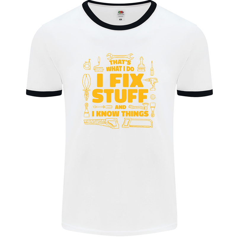 I Fix Stuff Funny Carpenter DIY Tradesman Mens White Ringer T-Shirt White/Black