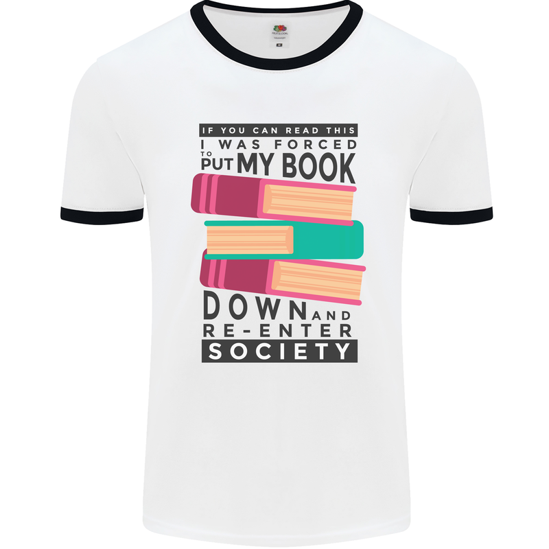 Book Reading Re-Enter Society Funny Mens White Ringer T-Shirt White/Black