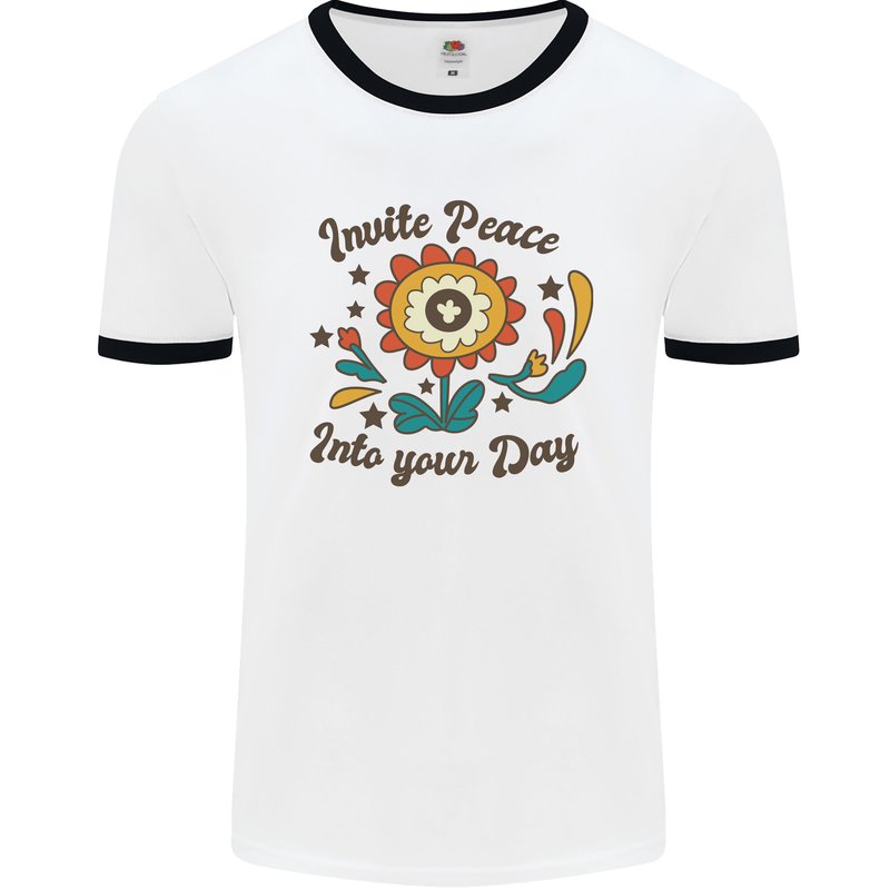 Invite Peace Day Hippy Flower Power Funny Mens White Ringer T-Shirt White/Black