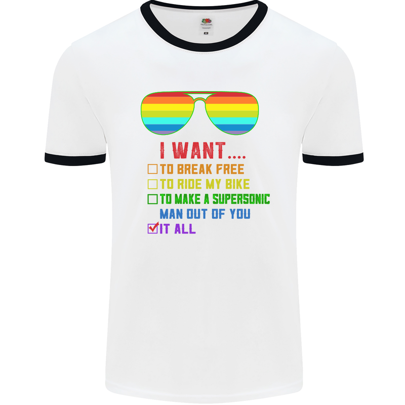 Want to Break Free Ride My Bike Funny LGBT Mens White Ringer T-Shirt White/Black