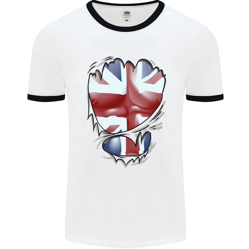 The Union Jack Flag Ripped Muscles Mens White Ringer T-Shirt White/Black