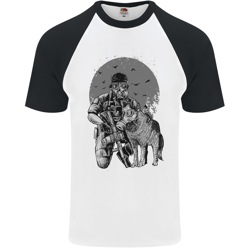 Gas Mask & Dog Apocalypse Armed Militia Mens S/S Baseball T-Shirt White/Black