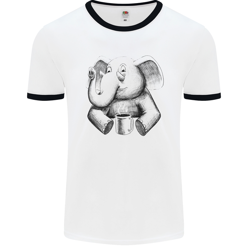 An Elephant Drinking Coffee Mens White Ringer T-Shirt White/Black