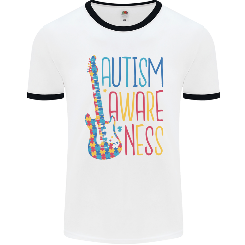 Autism Awareness Guitar Guitarist Mens White Ringer T-Shirt White/Black