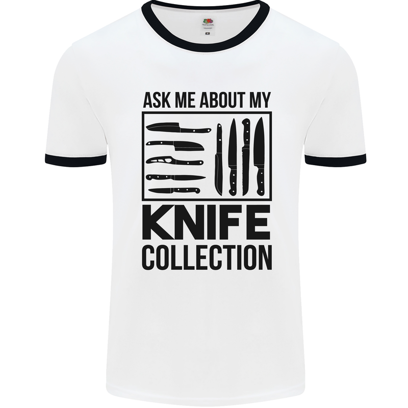 Funny Chef Ask About My Knife Collection Mens White Ringer T-Shirt White/Black