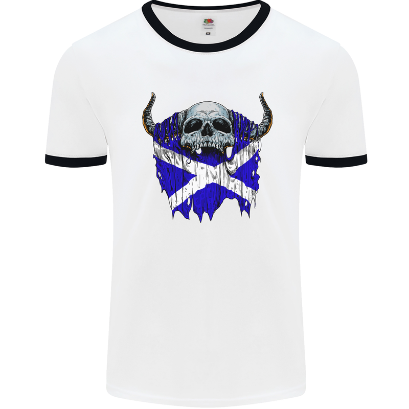 Scotland Flag Skull Scottish Biker Gothic Mens White Ringer T-Shirt White/Black