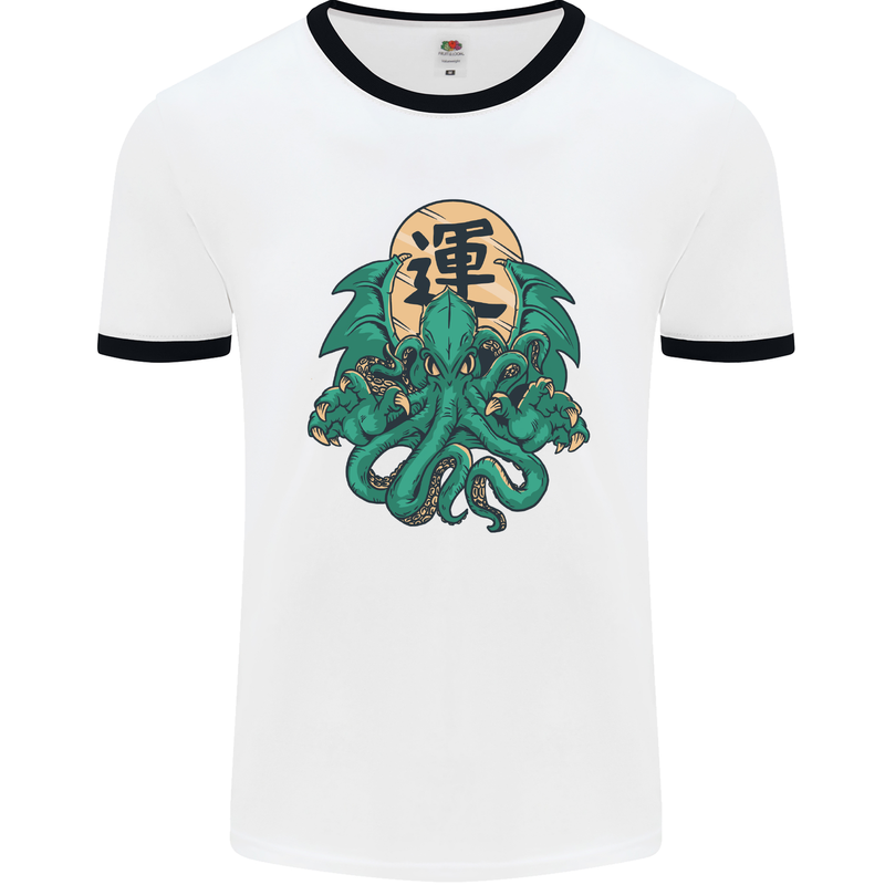 Cthulhu Monster Kraken Mens White Ringer T-Shirt White/Black