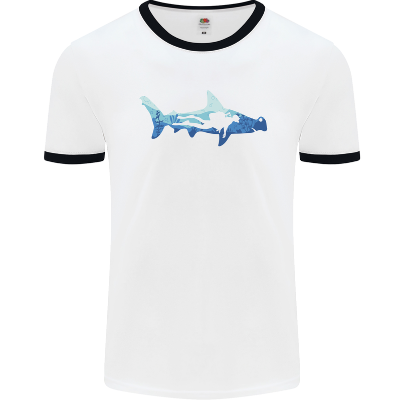 Hammerhead Shark Scuba Diver Diving Mens White Ringer T-Shirt White/Black