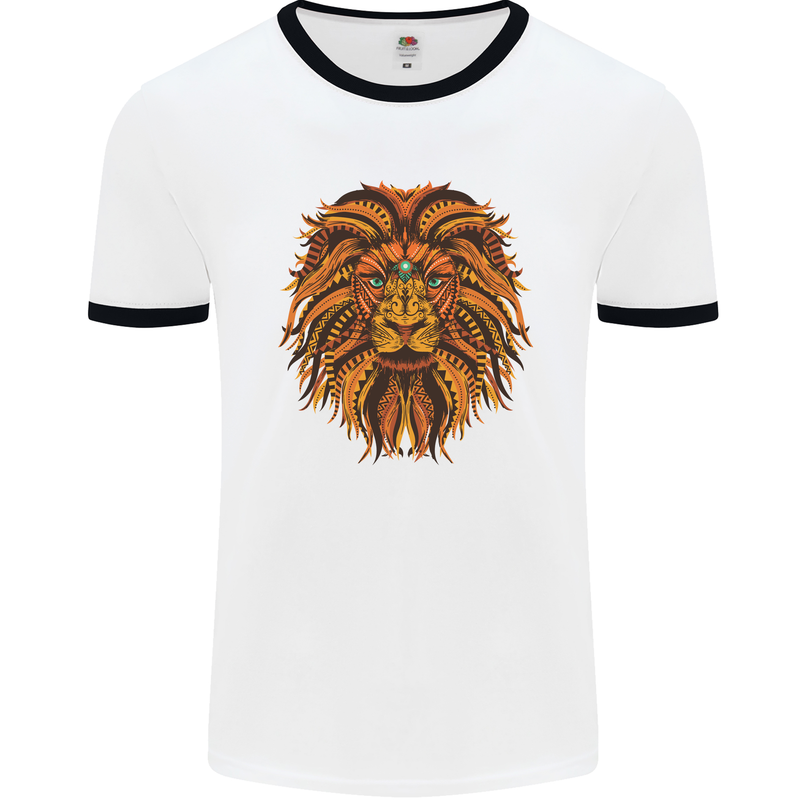 Mandala Art Lion Mens White Ringer T-Shirt White/Black