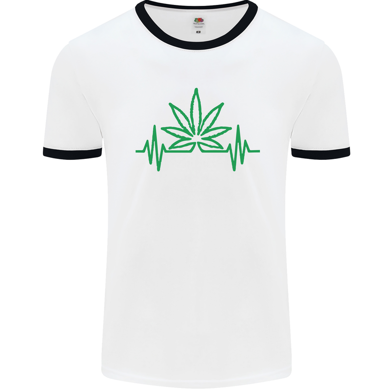 Weed Pulse Heart Cannabis Drugs ECG Mens White Ringer T-Shirt White/Black