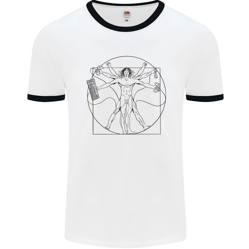 Gaming Vitruvian Gamer Funny Video Games Mens White Ringer T-Shirt White/Black