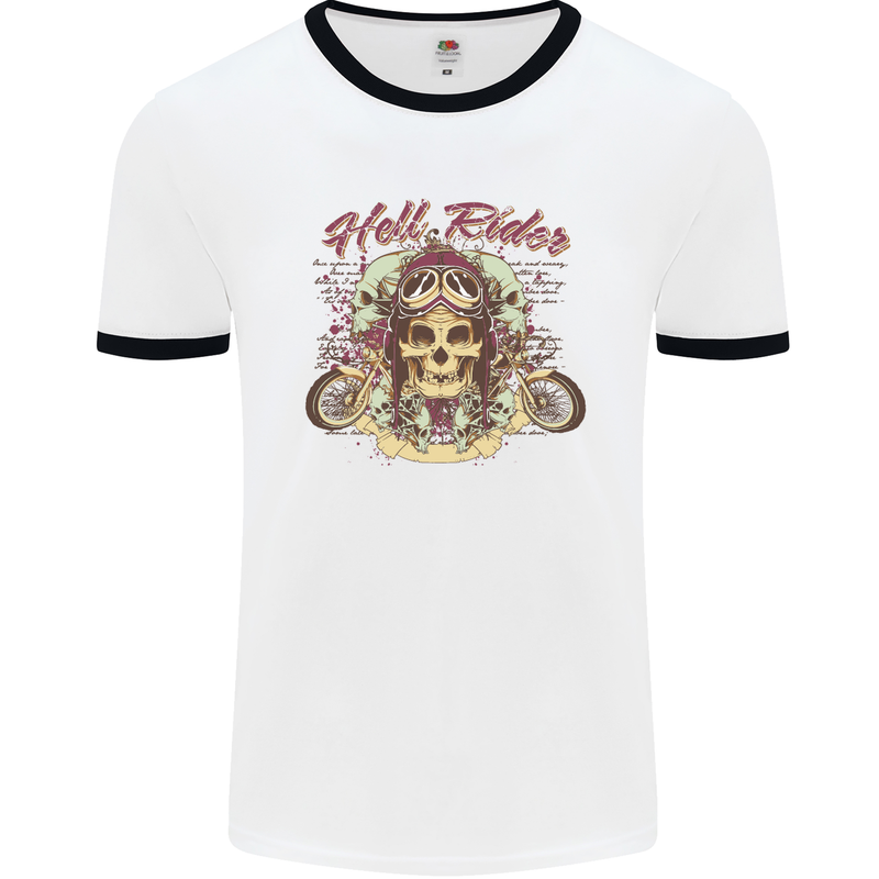 Hell Riders Motorcycle Motorbike Biker Mens White Ringer T-Shirt White/Black