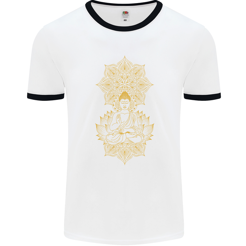 Mandala Buddha Art Mens Ringer T-Shirt White/Black
