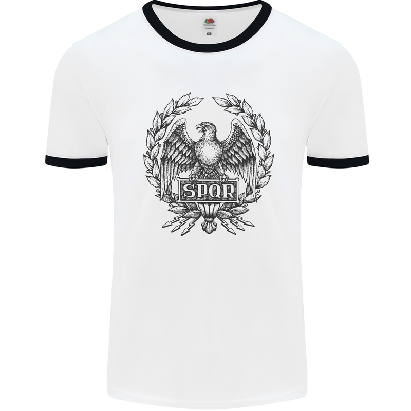 SPQR Roman Emblem Gym Training Top Mens White Ringer T-Shirt White/Black