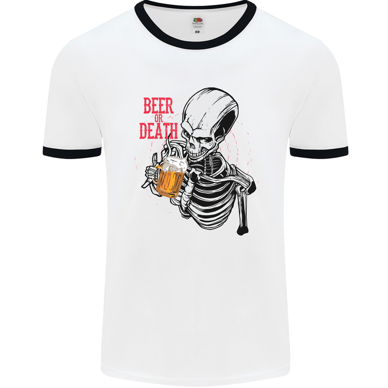 Beer or Death Skull Funny Alcohol Mens White Ringer T-Shirt White/Black