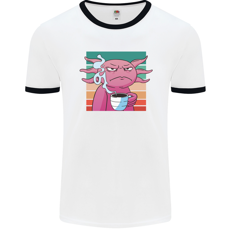 Grumpy Axolotl With Coffee Mens White Ringer T-Shirt White/Black