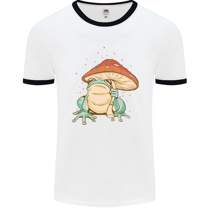 A Frog Under a Toadstool Umbrella Toad Mens White Ringer T-Shirt White/Black