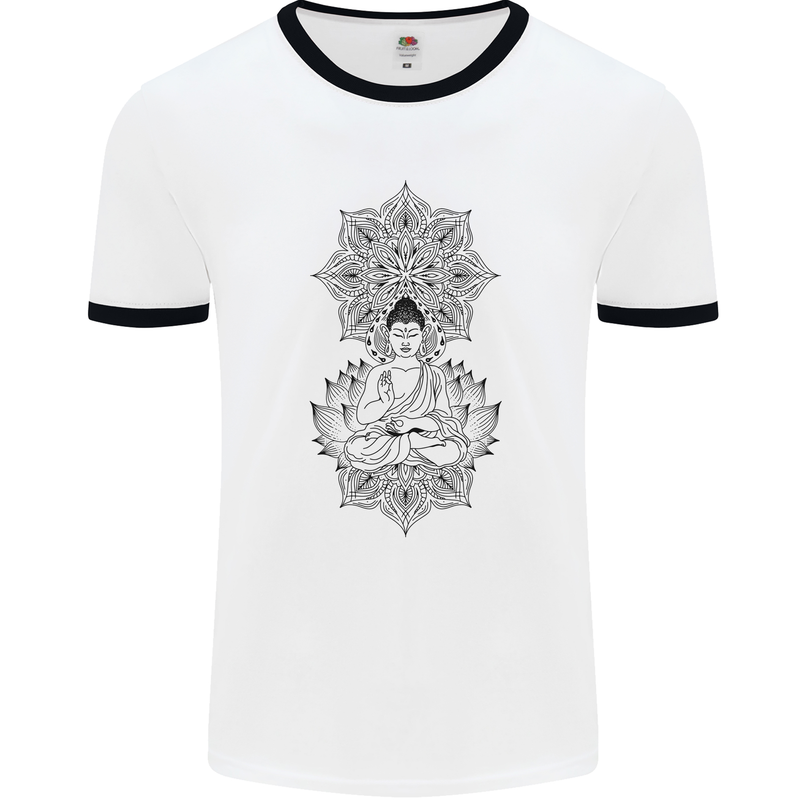 Buddha Mandala Art Mens Ringer T-Shirt White/Black