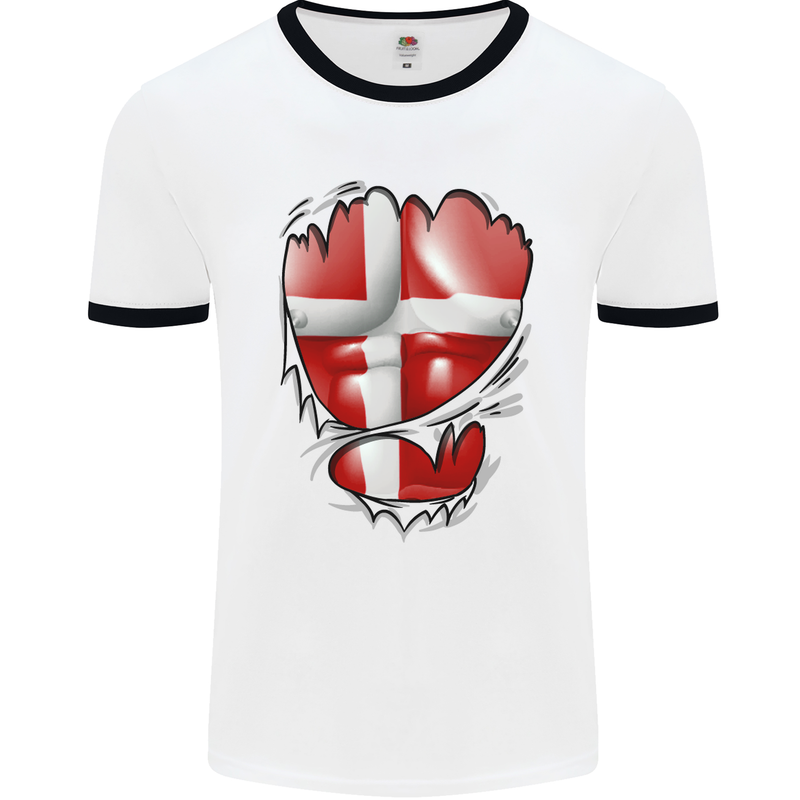 Gym Danish Flag Ripped Muscles Denmark Mens White Ringer T-Shirt White/Black