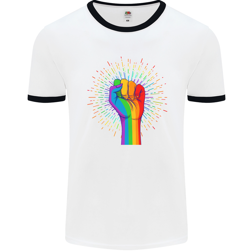 LGBT Fist Gay Pride Day Awareness Mens White Ringer T-Shirt White/Black