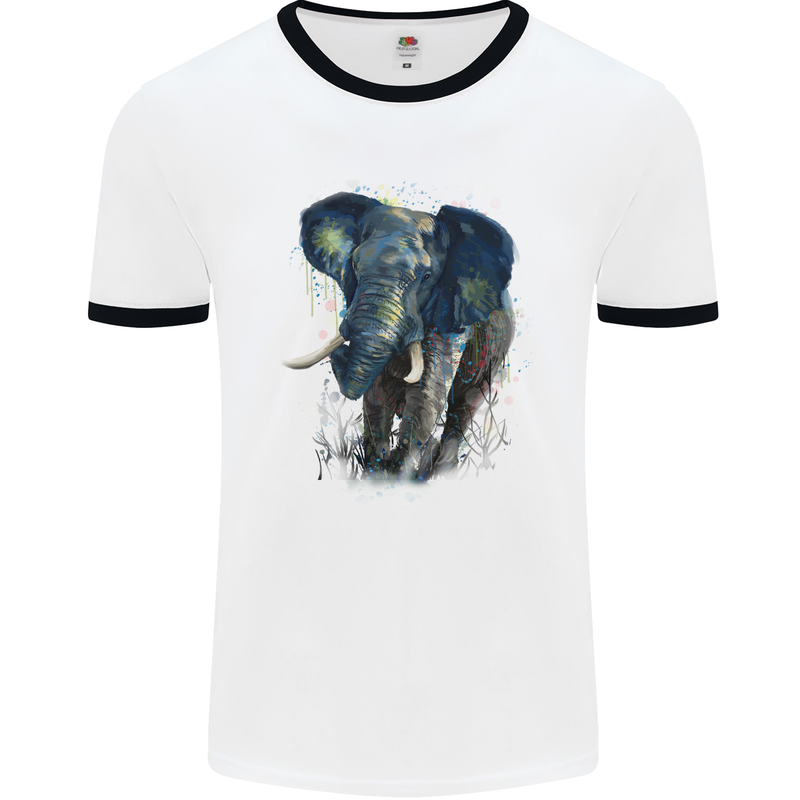 A Big Elephant Watercolour Mens White Ringer T-Shirt White/Black