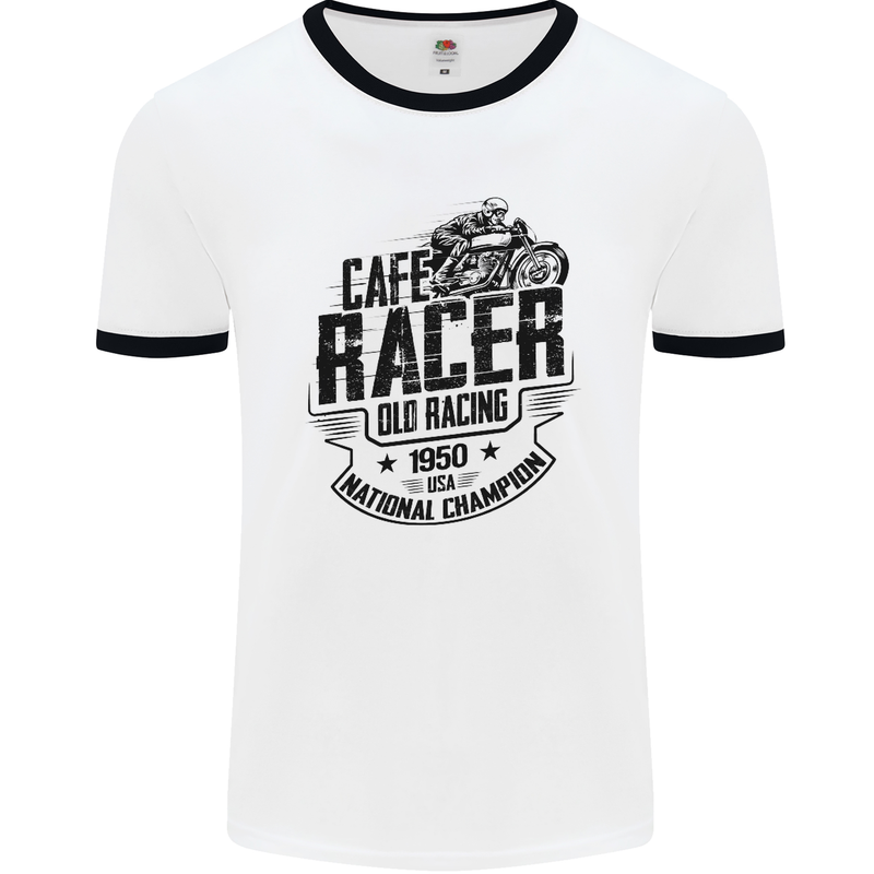 Cafe Racer Old Racing Motorcycle Biker Mens White Ringer T-Shirt White/Black