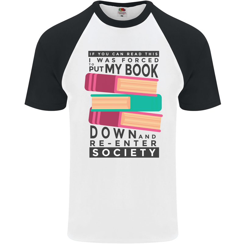 Book Reading Re-Enter Society Funny Mens S/S Baseball T-Shirt White/Black
