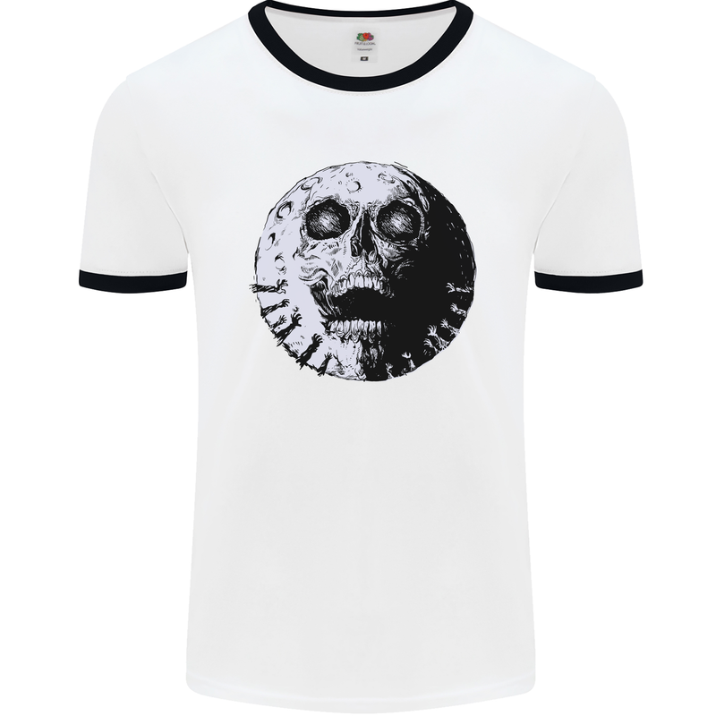 Skull Moon Gothic Halloween Zombie Biker Mens White Ringer T-Shirt White/Black