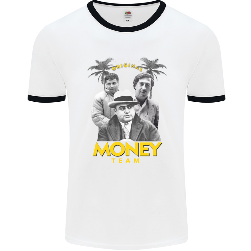 Money Team Pablo Escobar El Chapo Al Capone Mens White Ringer T-Shirt White/Black